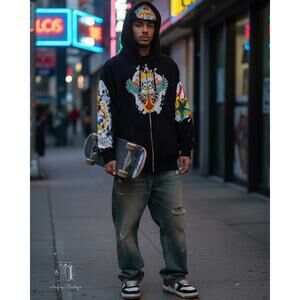 Vodka Black Skull Print Full Zip Hoodie (N0538)